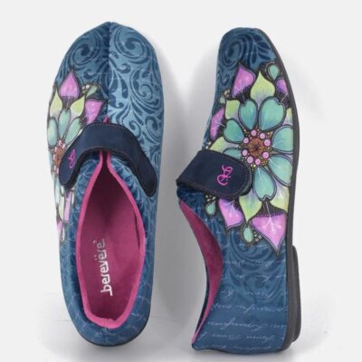 Berevere Pretty Navy Floral Slippers With Velcro Strap  Online