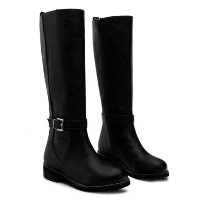 Andres Machado Black Faux Soft Leather Long Boot With Gold Buckle  Hot