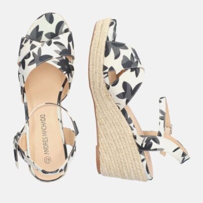 Andres Machado Pretty Black Floral Espadrille Wedge Sandals  New