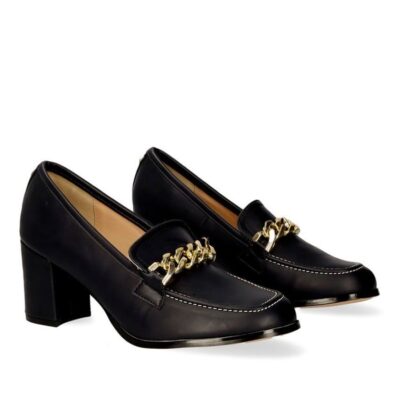 Andres Machado Chic Black Heeled Loafer With Gold Chain Link  Clearance